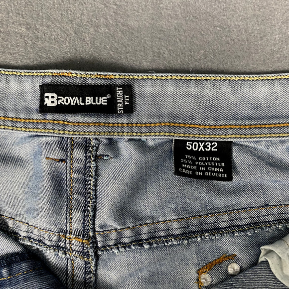 Royal Blue Jeans Mens 48X28 Relaxed Fit Blue Denim Light Wash Distressed - Picture 10 of 13